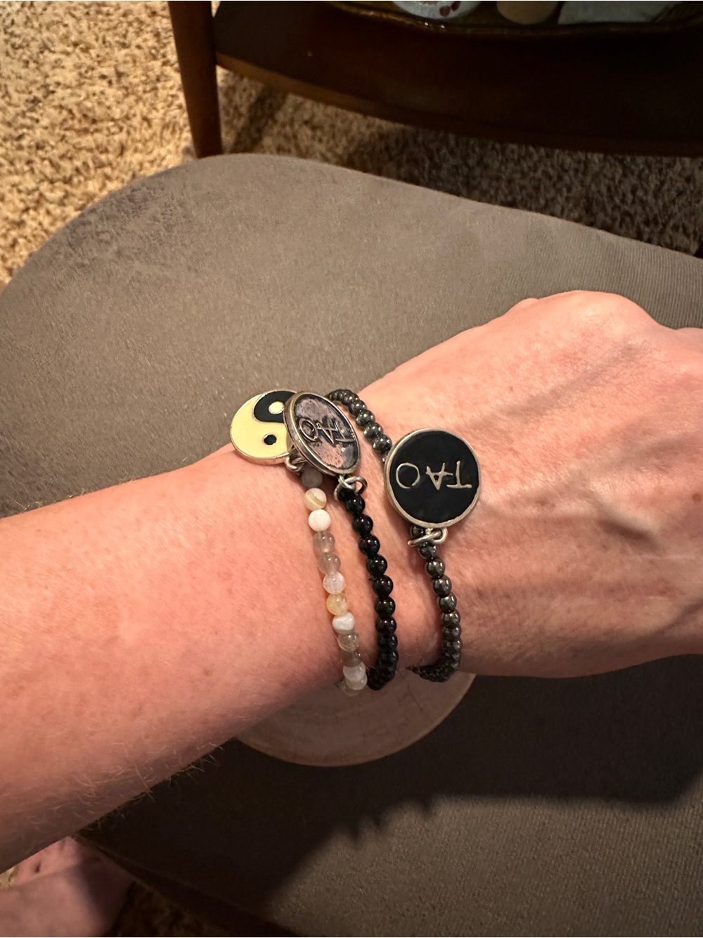 Beaded Bracelet Trio with Yin Yang Charm - Black & Neutral - Picture 6 of 7